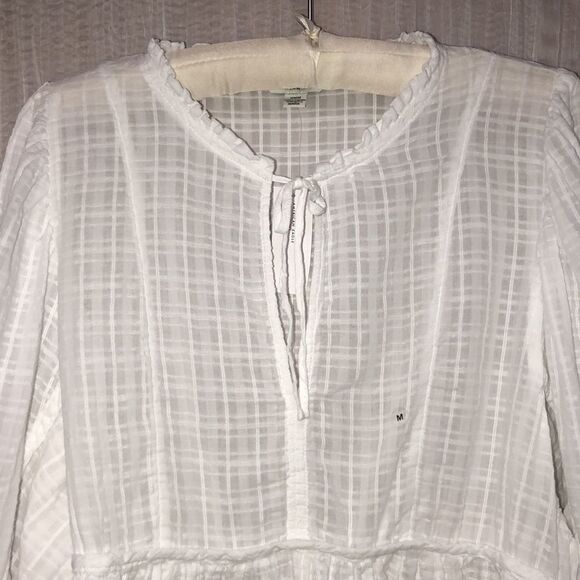 AE M Sheer Crisp White Baby Doll Balloon Sleeve Plaid Blouse - Picture 3 of 13